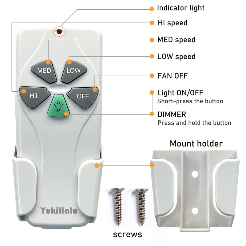 YukiHalu Universal Ceiling Fan Remote Control Kit, 3 Fan Speeds and Light Dimmer, UL Listed