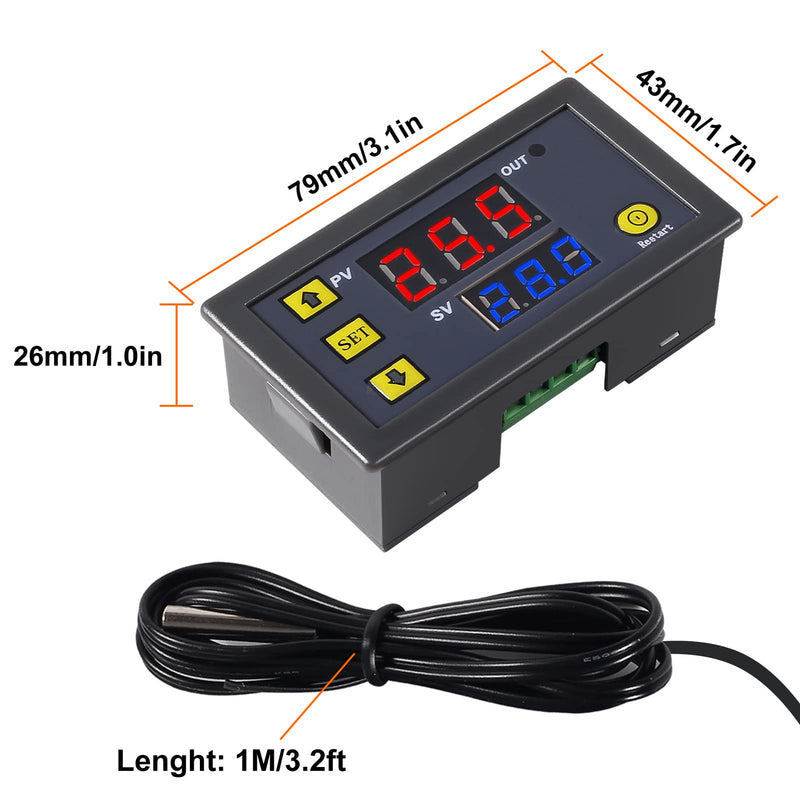 AITRIP 2 pieces W3230 LCD digital thermostat DC 24V 20A temperature controller meter regulator control switch -50-110 degrees Celsius with temperature probe high temperature alarm