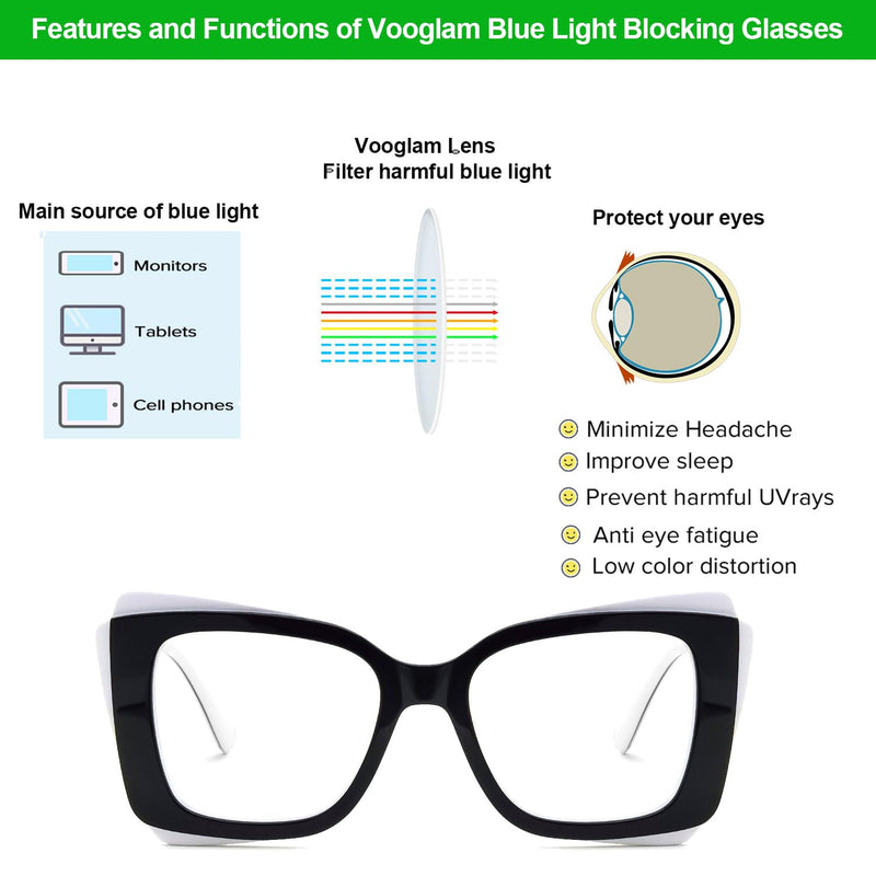 VOOGLAM Oversize Rectangle Blue Light Blocking Glasses for Women Anti UV Eyestrain Eyewear Cheyenne Black Clear