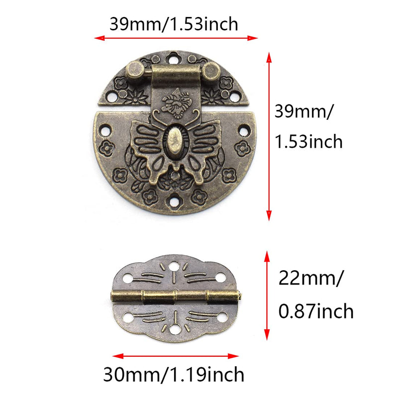 SDTC Tech Antique Butterfly Pattern Round Hasp Latch with Padlock Hole and Oval Hinges for Repairing or Decorating Jewelry Box Cabinet Drawer (2X Hasp + 4X Hinges)