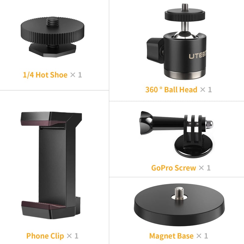 UTEBIT Magnetic Camera Mount 1/4 Screw Vertical Suction 44lb with Action Camera Adapter & Phone Holder 360° Swivel Mini Tripod Ball Head Max Load 3kg Compatible with GoPro Webcam Phone Vlogging
