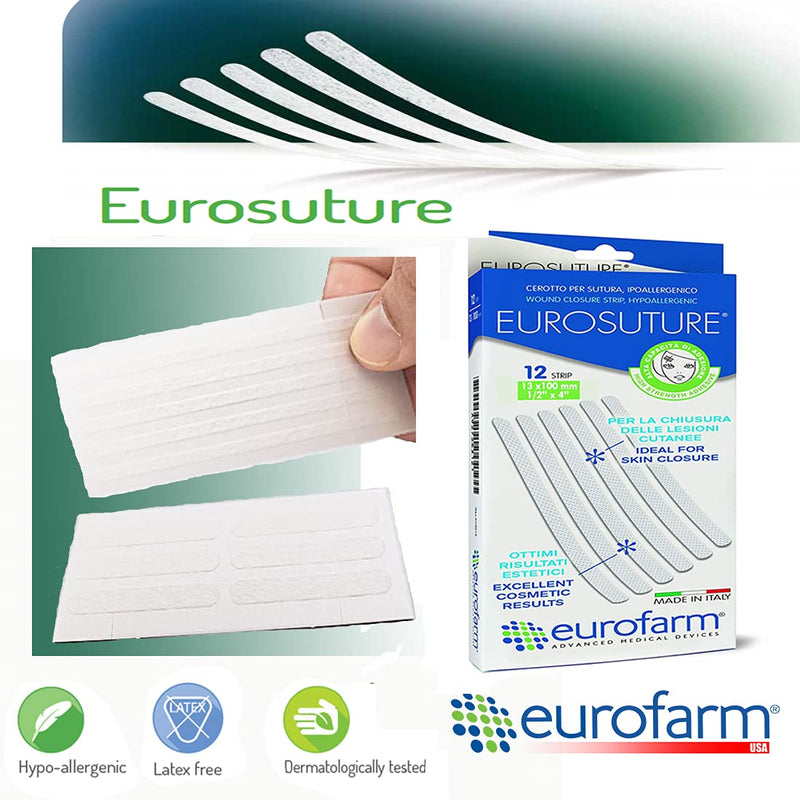 EUROSUTURE - Skin Closure 1/2 x 4 inches Sterile Suture Strips, Dynamic Adherence and Superior Security for Wounds – 2 Pouches of 6 Strips Each (12 Strips per Box) 1/2 x 4" 12 PCS