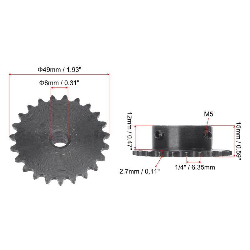 uxcell 23 Tooth Roller Sprocket B Type, 25 Chain, Single Strand 1/4" Pitch, 8mm Bore Black Oxide C45 Carbon Steel with Set Screws for ISO 04C