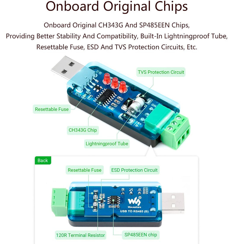 Industrial USB TO RS485 Converter Bidirectional Adapter, Original CH343G Chip Onboard TVS/Resettable Fuse/Protection Diodes,300bps-3MbpsBaudrateSupport Linux,Android,WinCE,Win10 / 8.1 / 8 / 7 / XP