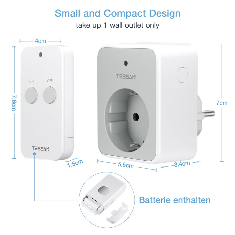 TESSAN radio-controlled socket with remote control, socket with 30.5 m range, 3600 W inside, switchable with magnetic, programmable