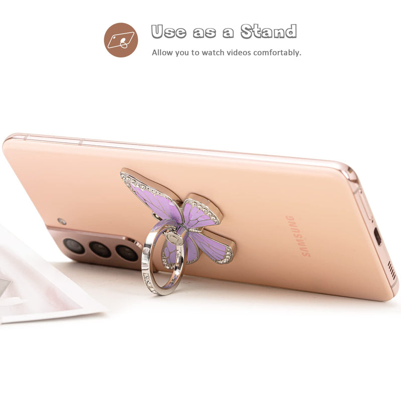 Butterfly Cell Phone Ring Holder Stand, 360°Rotation Metal Finger Kickstand, Compatible with iPhone, Samsung Galaxy, and Smartphone (Silver Purple Clear) silver purple clear