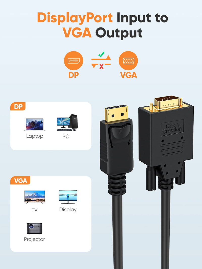 Displayport to VGA Cable 6FT, CableCreation DP to VGA Cable Gold Plated, Standard DP Male to VGA Male Cable, Black Color 6ft [1-Pack] Black (ABS)