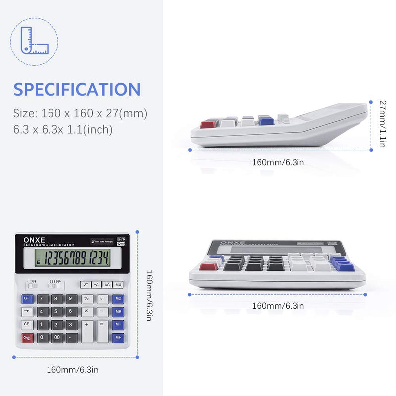 Calculator, ONXE Standard Function Scientific Electronics Desktop Calculators, Dual Power, Big Button 12 Digit Large LCD Display, Handheld for Daily and Basic Office (White)