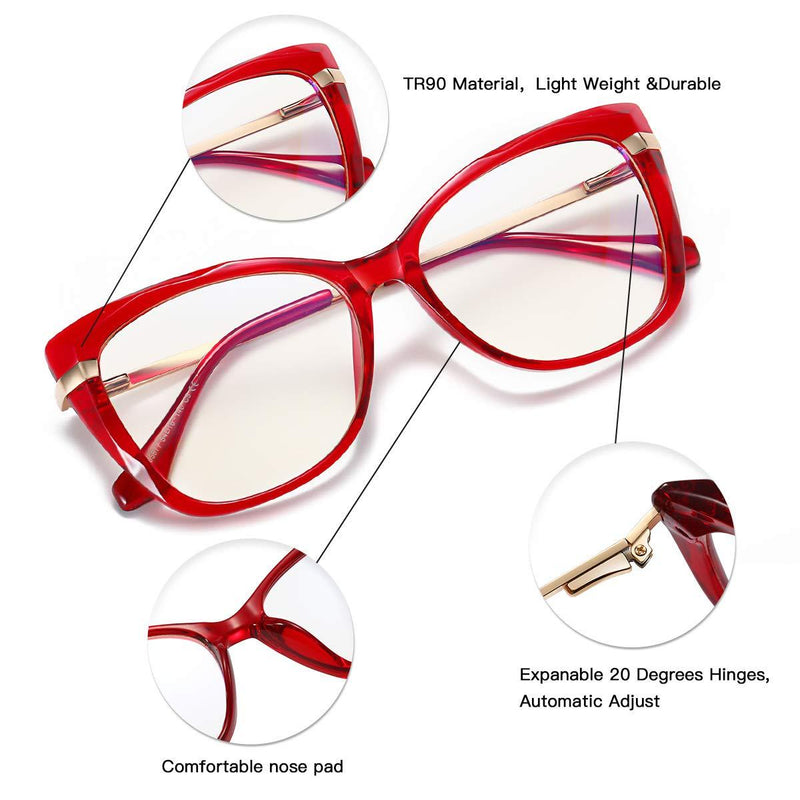Fashion Computer Blue Light Blocking Glasses for Women Spring Hinge TR90 Cateye Glasses Frame Anti UV Clear Lens Black+red