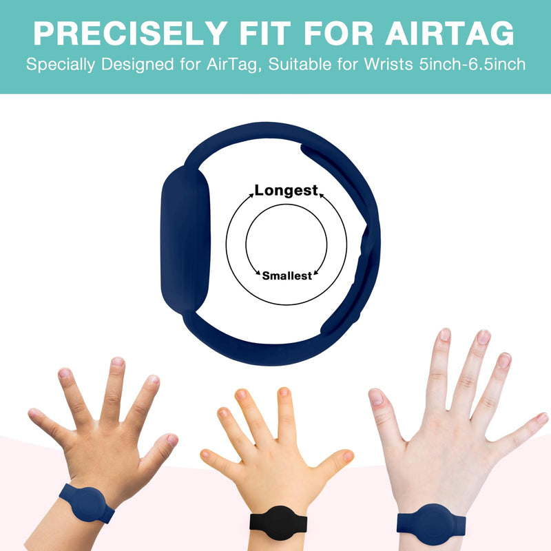 Waterproof Airtag Bracelet for Kids(2 Pack) - Soft Silicone Air tag Wristband Kids Full Case Cover Compatible with Apple Airtag, Lightweight GPS Tracker Holder for Kids Black/NavyBlue