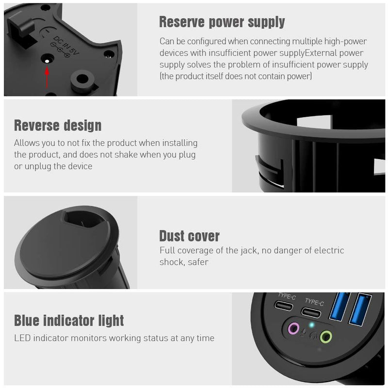 ineo Grommet Desk-Fit (Diameter 2.3" to 2.4") 2Type A + 2Type C with 3.5mm Audio Mic Jack + 3.2" Expandable case (Power is not Included)[THC06 - VI Plus]
