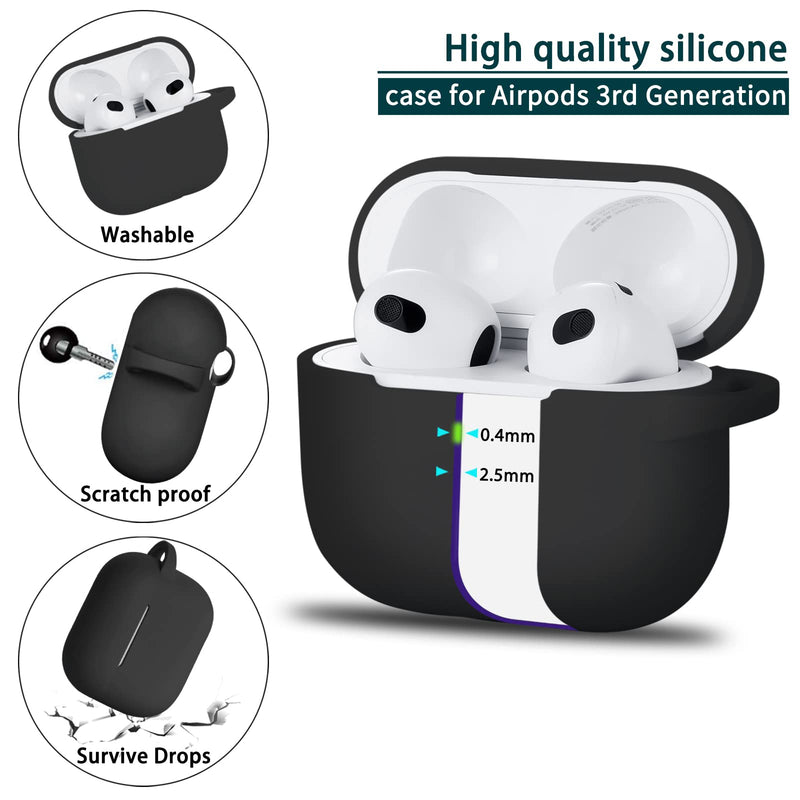 R-fun AirPods 3 Case Cover, Silicone Protective Accessories Skin with Keychain Compatible with Apple AirPod 3rd Generation 2021 for Women Men Girls Boys,Front LED Visible-Black A-Black