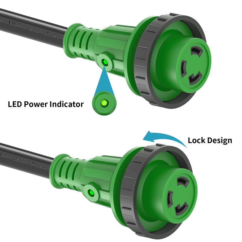 RVGUARD 15 Amp to 30 Amp RV Adapter Cord with Locking Connector 12 Inch, 5-15P Male to L5-30R Female, Dogbone Electrical Converter with LED Power Indicator, Green 15M/30F Locking