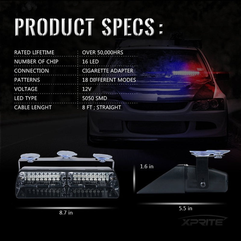 Xprite Red LED Emergency Hazard Warning Strobe Lights, Interior Roof Windshield Visor Dash Deck Flashing Light, w/Suction Cups for Police Volunteer Firefighter Vehicles Trucks #4 Red
