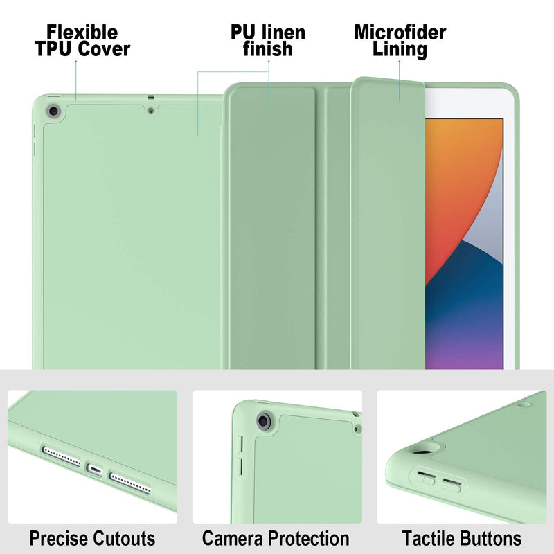Akkerds Case Compatible with iPad 10.2 Inch 2021/2020 iPad 9th/8th Generation & 2019 iPad 7th Generation with Pencil Holder, Protective Case with Soft TPU Back, Auto Sleep/Wake Cover, Matcha Green
