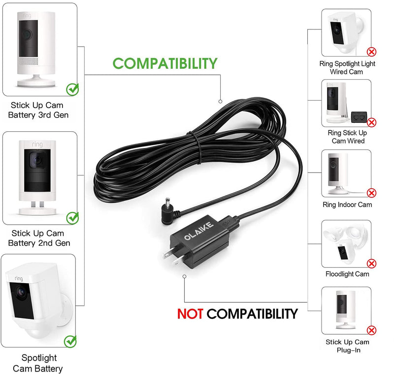 OLAIKE Indoor/Outdoor DC Power Adapter for Ring Spotlight Cam Battery&Ring Stick Up Cam Battery 3rd Gen,Weatherproof Cable(5m/16ft) to Continuously Charge Cam,No Need to Change Batteries,Black （16 ft/5 m）Black