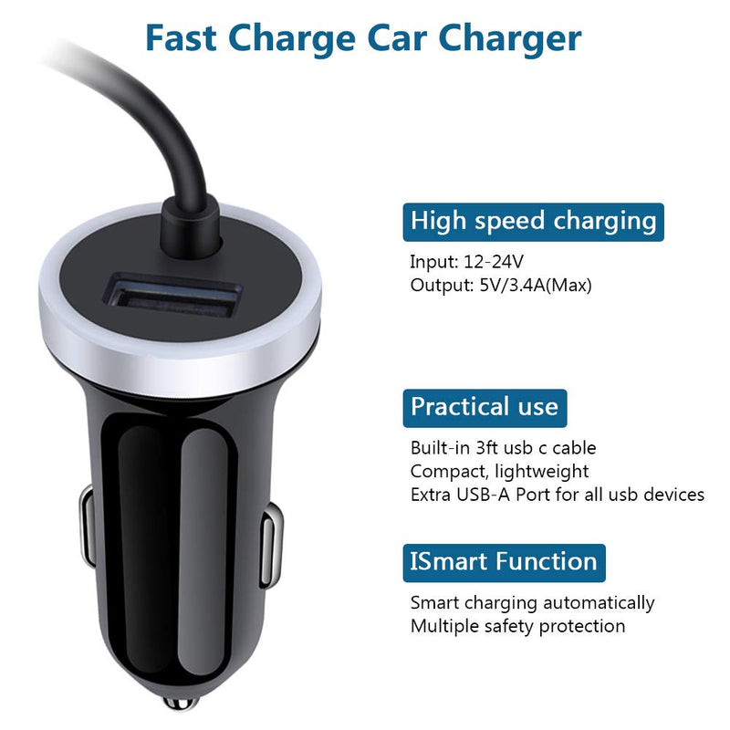 USB C Car Charger, 3.4A Fast Charging Car Adapter+3ft Type C Cable for Samsung Galaxy S22 S21 S20 S10 Note 20 A10E A20 A50 A51 A01 A71 A11, LG Stylo 6/5/4 G8 G7 V60 ThinQ Moto G8 G7 Google Pixel 4 3a