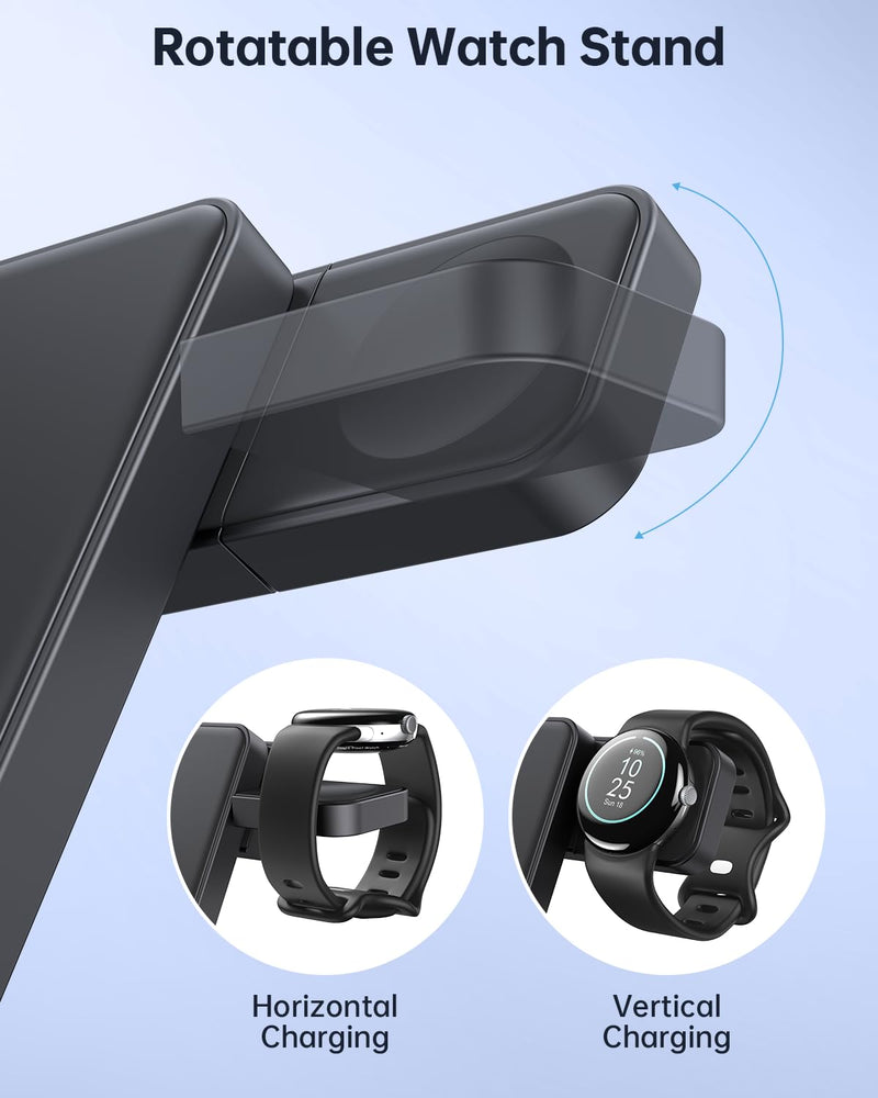 Houflody 3 in 1 Foldable Wireless Charging Station for Google Pixel Watch, Pixel Buds Pro and Google Phones Fold/7 Pro/7a/7/6 Pro/6/5/4/3/XL, Wireless Charger with QC 18W Adapter, Black
