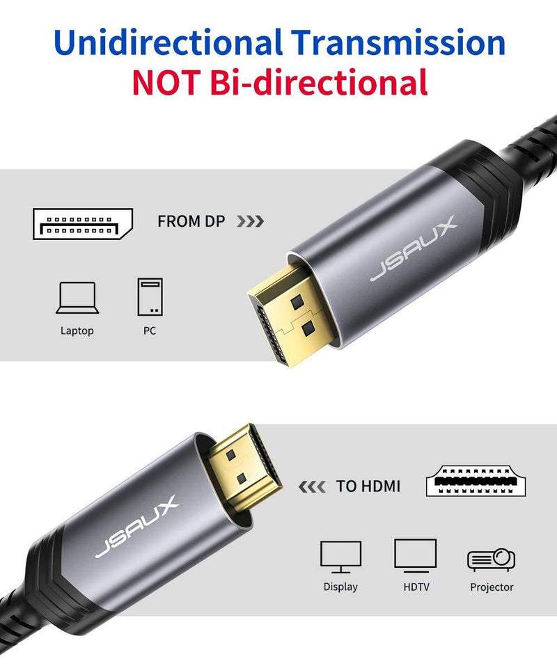 DisplayPort to HDMI Cable 10FT, JSAUX DP to HDMI Male to Male Video Cable FHD Nylon Braided DP to HDTV Video Unidirectional Cord for Monitor, Projector, Desktop, AMD, NVIDIA, Lenovo, HP, ThinkPad-Grey Grey