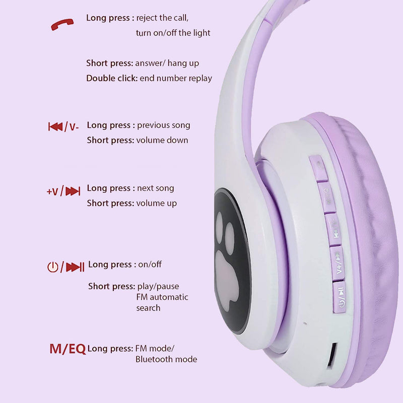 Kids Headphones, TOKANI Bluetooth Wireless Headphones for Kids Teens Adults, Over-Ear Bluetooth Headphones with Microphone, Cat Ear Headphones for Girls Women (Purple)