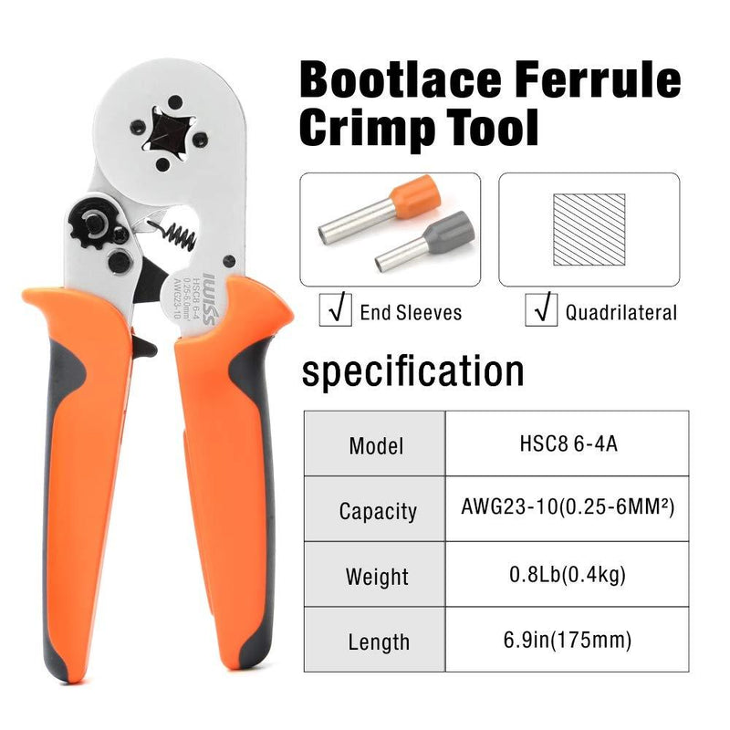 IWISS Square Self-Adjustable Crimping Tools Plier for AWG23-10 Bootlace End-Sleeves Ferrule, Ratchat Wire Crimping Tool CECOMINOD055572