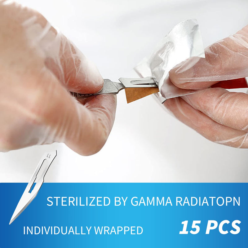15 Pack Surgical Blades #11 with Stainless Steel Scalpel Handle, High Carbon Steel Dermablade Blades Individually Wrapped Sterile for Dermaplaining, Podiatry, Crafts & More