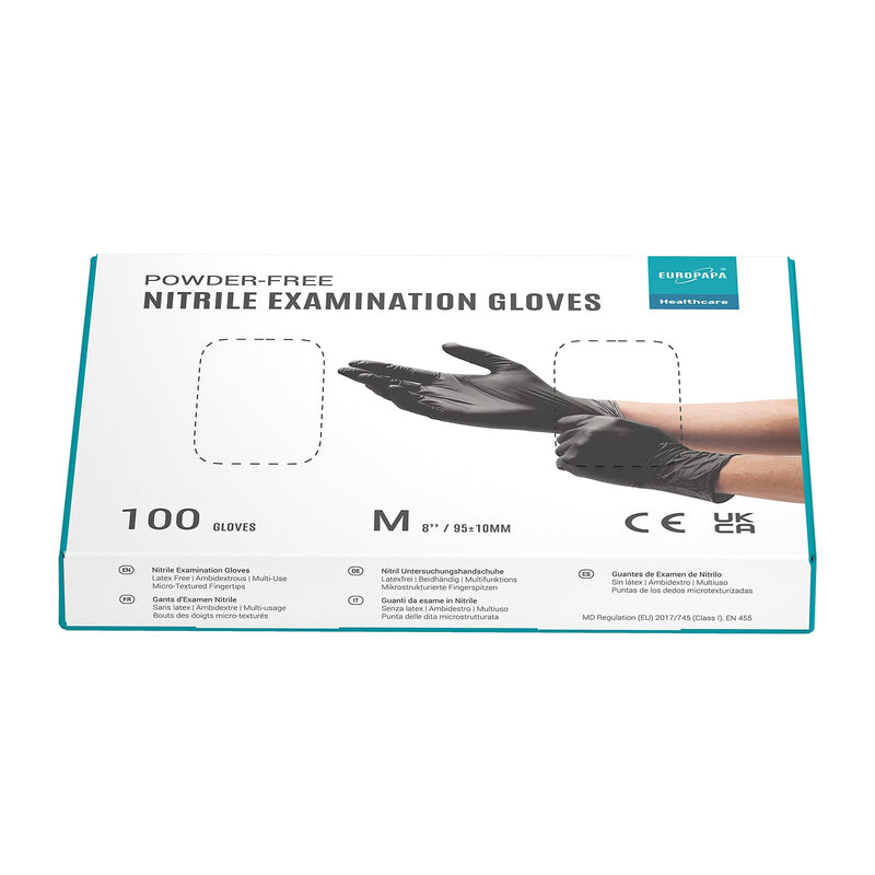 EUROPAPA 100x nitrile gloves box disposable gloves, disposable gloves, examination gloves, nitrile gloves, powder-free, latex-free, non-sterile, latex-free, disposable gloves (M, black) M