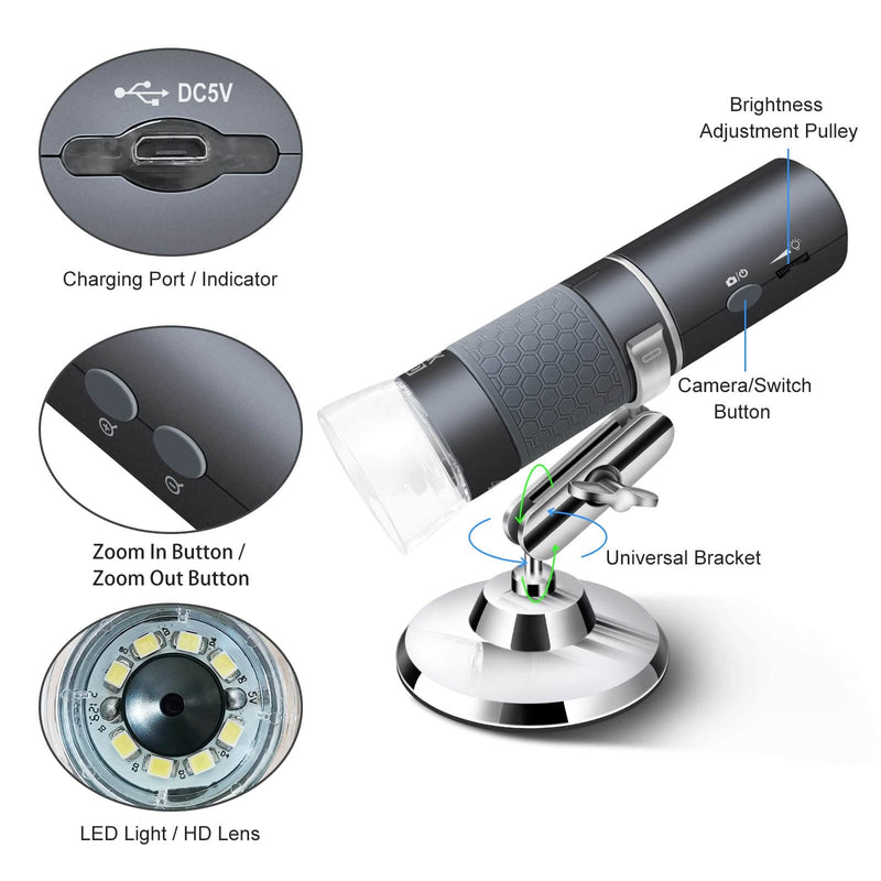Ninyoon 4K WiFi Microscope for iPhone Android, 50 to 1000X USB Digital Microscope Wireless Super HD Endoscope Camera Compatible with All Mobile Phones iPad Android Tablet Windows Mac Grey