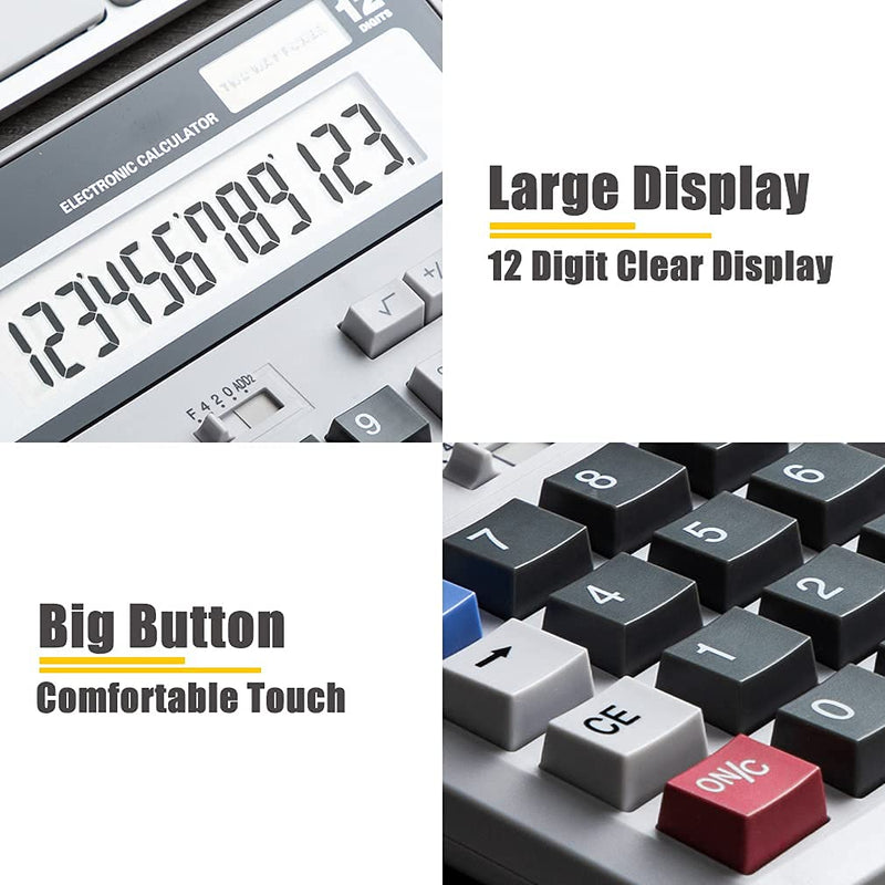 Calculator, Large LCD Display Desk Calculator 12-Digit Solar Battery Dual Power Office Calculators Big Sensitive Button