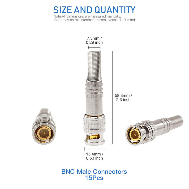 Glarks 15 Pack BNC Male Coaxial Connectors RG59 RG6 Coaxial Terminal Gold-Plated Screw On Brass Adapter for CCTV Home Security Surveillance Camera RG59 RG6 Video Transmission Coax Cables