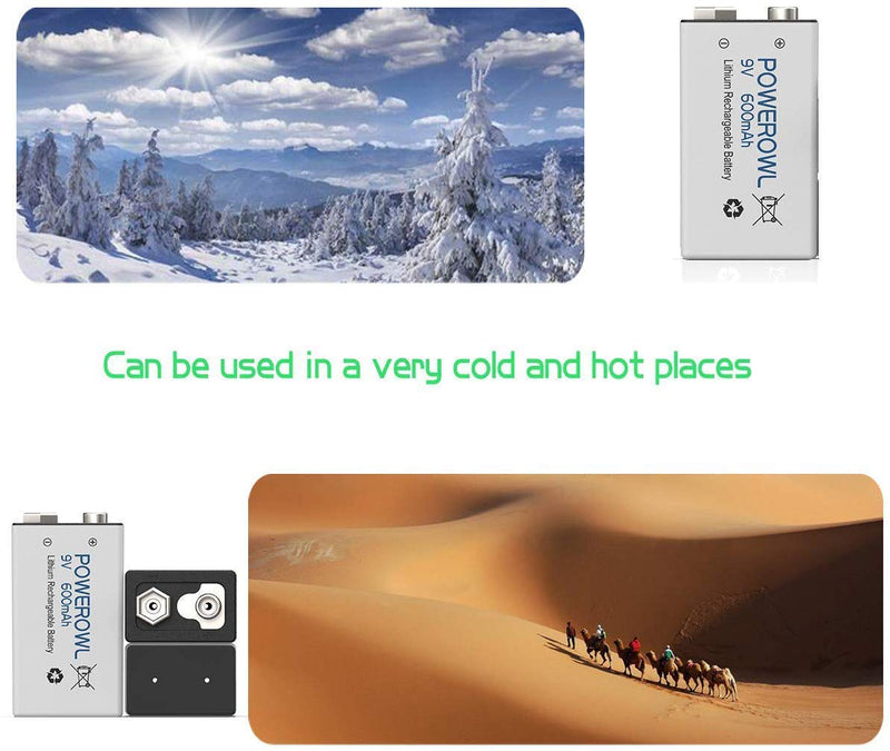 POWEROWL 9V Rechargeable Batteries 600mAh Lithium-ion Low Self Discharge Battery for Smoke Dectector and More 4 Pack