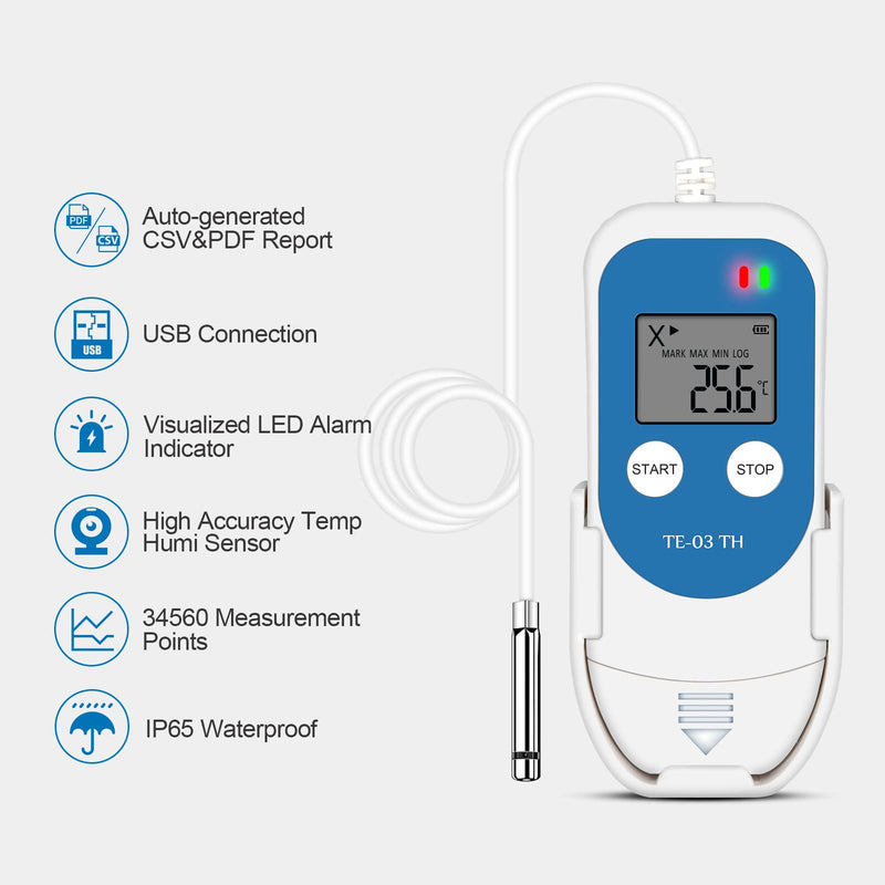 ThermElc TE-03 ETH Temperature Humidity Logger High Precision Digital Probe, Accuracy up to ±0.3°C, Automatic PDF CSV Report, LED Warning Light, Ideal for Pharmaceutical Storage 1 PCS