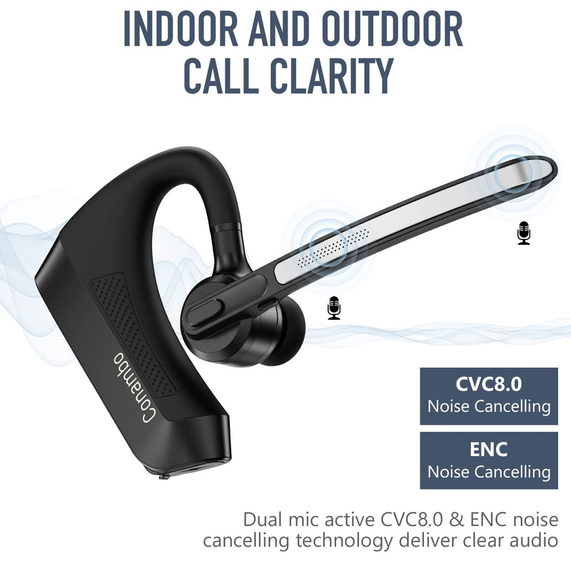 Conambo K21 Bluetooth Headset V5.1, Bluetooth Earpiece with CVC 8.0 Dual Mic Noise Cancelling Wireless Headset 12Hrs Talking Time Handsfree Headset for iOS Android Cell Phone, Trucker, Office Black