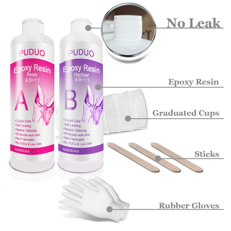Epoxy-Resin-Crystal-Clear-Kit for Art, Jewelry, Craftsï¼ŒCoating- 16 OZ Including 8OZ Resin and 8OZ Hardener | Bonus 4 pcs Measuring Cups, 3pcs Sticks, 1 Pair Rubber Gloves by PUDUO