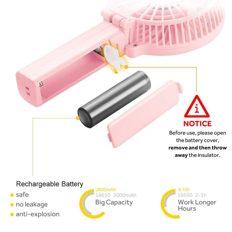 Mini Handheld Fan, EasyAcc Personal Cooling Fan Lifetime Warranty Personal Battery Fan USB Desk Fan Small Folding Portable Table Fan Rechargeablefor Travel Office Room Household Pink 2600mAh Battery
