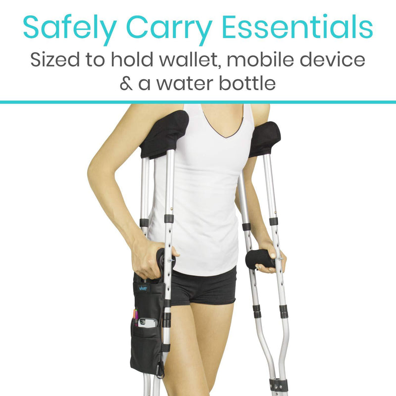 Vive Crutch Pouch - Bag with Foam Hand Grip Pads - Tote for Broken Leg Crutches with Storage Pockets - Ergonomic, Orthopedic, Lightweight Carry On - Medical Forearm Crutch Accessories (Black) Black