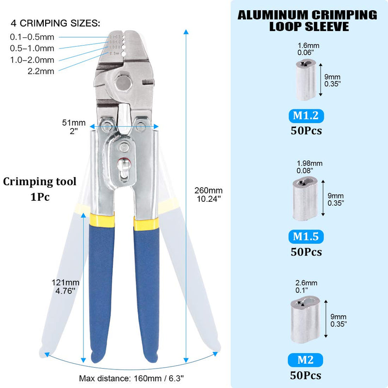 Glarks Up To 2.2mm Wire Rope Crimping Tool With 150Pcs 3 Size Aluminum Double Barrel Ferrule Crimping Loop Sleeve Kit