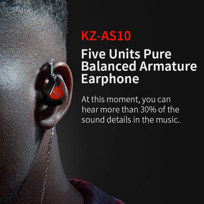KZ AS10, LINSOUL 5BA HiFi Stereo in-Ear Earphone High Resolution Earbud Headphone with 0.75mm 2 pin Cable, Five Balanced Armature Drivers, Noise Cancelling (Without Mic, Black) Without Mic