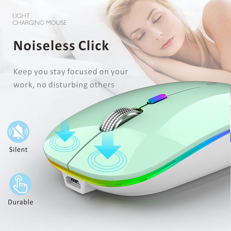 LED Wireless Mouse, G12 Slim Rechargeable Wireless Silent Mouse, 2.4G Portable USB Optical Wireless Computer Mice with USB Receiver and Type C Adapter (Mint Green) Mint Green
