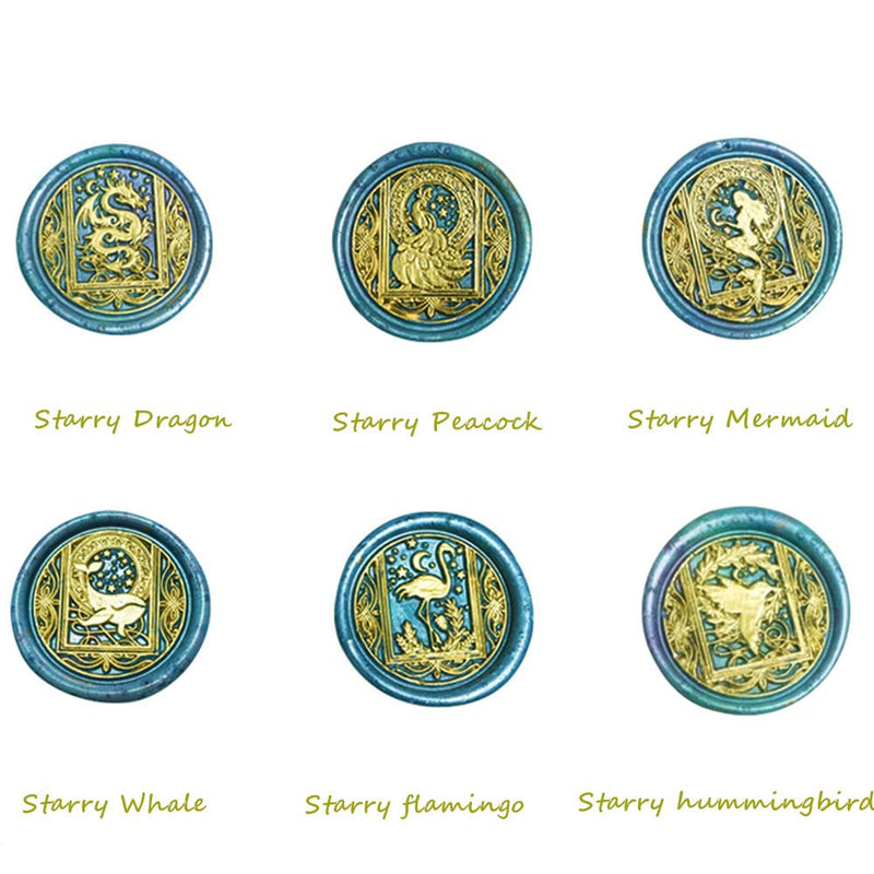 Wax Seal Stamp, Animal Wax Seal Stamp Set with 6 PCS Removable Brass Heads and 1 Wooden Handle, Dragon Mermaid Peacock Wax Seal Stamp Kit for Wedding Invitation Envelopes Decoration Starry Animal Wax Seal Stamp Set 1