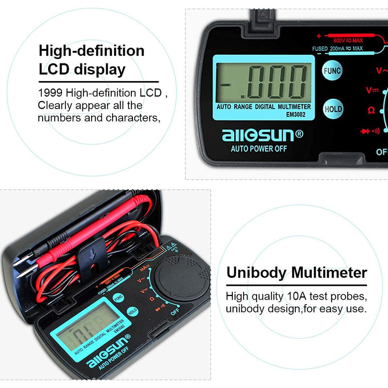 allsun Mini Auto Range Digital Multimeter AutomotiveTester AC DC Volt AMP OHM LCD Voltmeter Ammeter Tester Tool Auto Power Off Data Hold EM3082