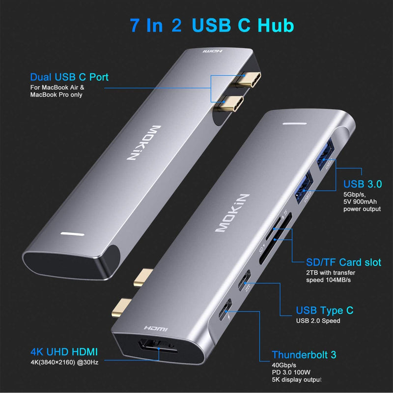 USB C Adapter for MacBook Pro 2022 2021 2020, MacBook Pro USB Adapter, 7 in 2 MacBook Pro Accessories for MacBook Pro/Air M1M2, Mac Dongle with 4K HDMI, 2 USB 3.0, TF/SD, USB-C 100W and Thunderbolt 3 Gery