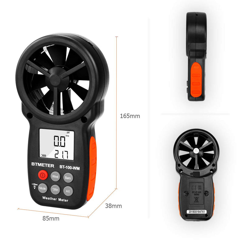 BTMETER Digital Anemometer Barometer Handheld, for Wind Speed Temperature Wind Chill Tester w/Humidity, Altitude, Barometric Pressure Meter for Climbing Drone HVAC CFM BT-100WM BT-100WM Anemometer