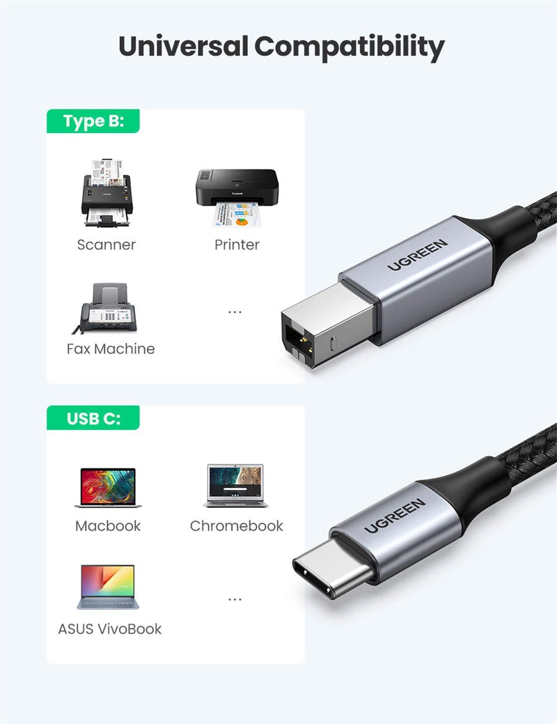 UGREEN USB C to USB B 2.0 Printer Cable Braided Printer Scanner Cord Compatible with Epson, MacBook Pro, HP, Canon, Brother, Samsung Printers and More 3FT