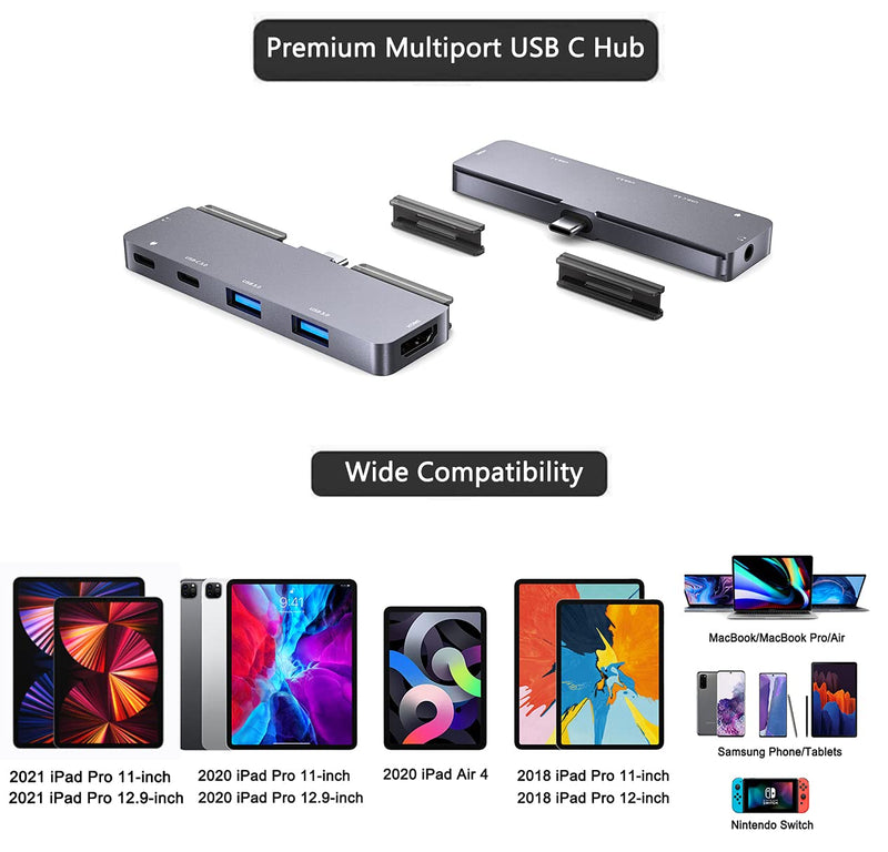 USB C HUB for iPad Pro 11/12.9 2021 2020 2018/iPad Air 4, 6in1 USB C Hub with 4K HDMI,3.5mm Headphone Jack,2 USB3.0,USB C PD Charging&Data,USB C Earphone Jack,Adapter for iPad Pro,MacBook 6in1 USB C Hub Space Grey