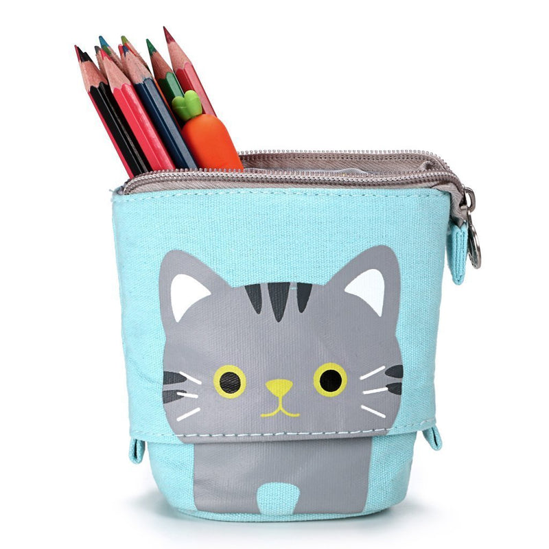 Telescopic Pencil Pouch Standing Pen Holder Cute Pencil Bags Stand Up Pen Case Cartoon Pencil/Pens Storage Box Canvas+PU Stationery Organizer Makeup Bag with Zipper Closure (Blue) Blue
