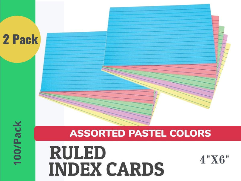 1InTheOffice Ruled 4" x 6" Index Cards, Assorted Pastel, 100/Pack - 2 Pack