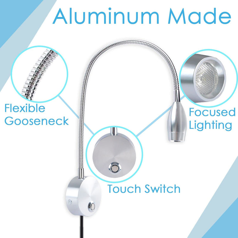 Adust Reading Light for Bed Headboard, Bed Reading Lamp, Bed Lights, Wall Mounted Reading Light, RV Boat Reading, DC 5V-240V 3W LED Touch Dimmable, 3 Color Temperature, 3000k, 4000k, 6000k 2 pack
