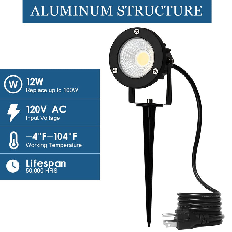 12W 2 Pack LED Spot Lights Indoor for Plants Uplights Spotlight Lamp Accent Lighting for Indoor Plants ,120V Landscape Lights Warm White Up Light 6FT Cord with US 3 Prong (Base and Stake Included)