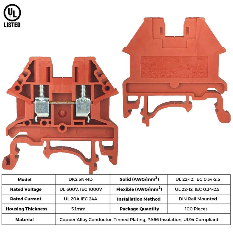 Dinkle DK2.5N-RD DIN Rail Terminal Blocks (Pack of 100)